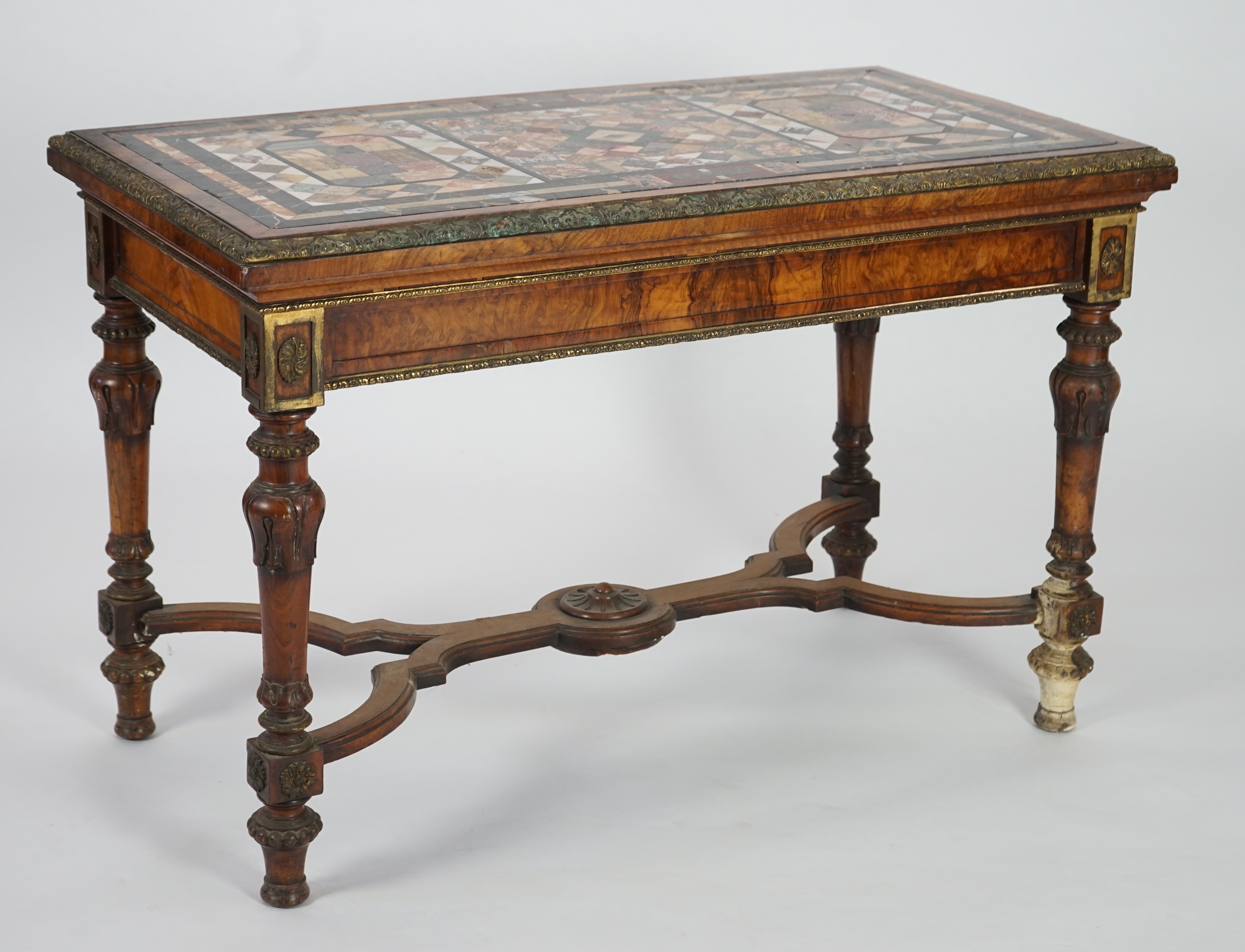 A mid Victorian ormolu mounted walnut pietra dura top centre table